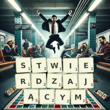 Kreatywna ilustracja do gry w Scrabble ze słowem STWIERDZAJĄCYM ułożonym z płytek na planszy.