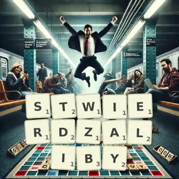 Kreatywna ilustracja do gry w Scrabble ze słowem STWIERDZALIBY ułożonym z płytek na planszy.