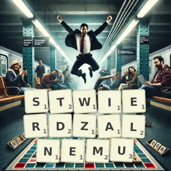 Kreatywna ilustracja do gry w Scrabble ze słowem STWIERDZALNEMU ułożonym z płytek na planszy.