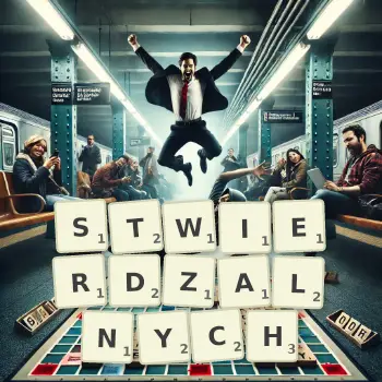 Kreatywna ilustracja do gry w Scrabble ze słowem STWIERDZALNYCH ułożonym z płytek na planszy.