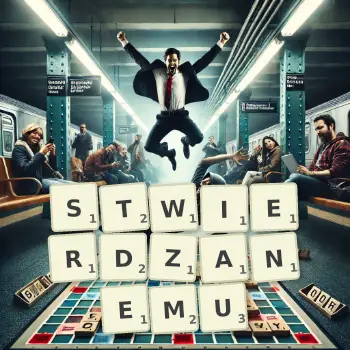 Kreatywna ilustracja do gry w Scrabble ze słowem STWIERDZANEMU ułożonym z płytek na planszy.