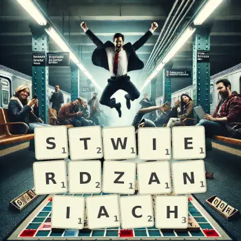 Kreatywna ilustracja do gry w Scrabble ze słowem STWIERDZANIACH ułożonym z płytek na planszy.