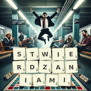 Kreatywna ilustracja do gry w Scrabble ze słowem STWIERDZANIAMI ułożonym z płytek na planszy.