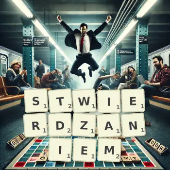 Kreatywna ilustracja do gry w Scrabble ze słowem STWIERDZANIEM ułożonym z płytek na planszy.