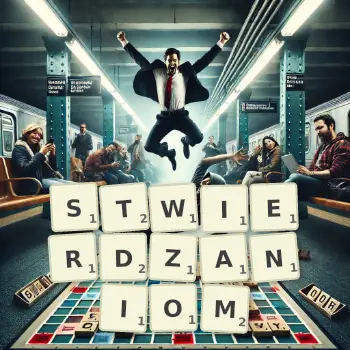 Kreatywna ilustracja do gry w Scrabble ze słowem STWIERDZANIOM ułożonym z płytek na planszy.