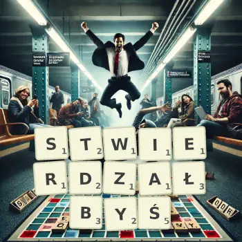 Kreatywna ilustracja do gry w Scrabble ze słowem STWIERDZAŁBYŚ ułożonym z płytek na planszy.