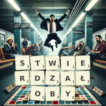 Kreatywna ilustracja do gry w Scrabble ze słowem STWIERDZAŁOBY ułożonym z płytek na planszy.