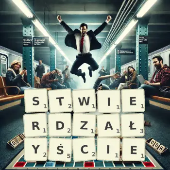 Kreatywna ilustracja do gry w Scrabble ze słowem STWIERDZAŁYŚCIE ułożonym z płytek na planszy.