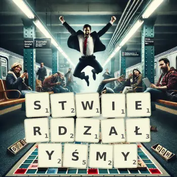 Kreatywna ilustracja do gry w Scrabble ze słowem STWIERDZAŁYŚMY ułożonym z płytek na planszy.