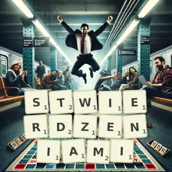 Kreatywna ilustracja do gry w Scrabble ze słowem STWIERDZENIAMI ułożonym z płytek na planszy.