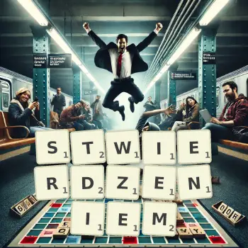 Kreatywna ilustracja do gry w Scrabble ze słowem STWIERDZENIEM ułożonym z płytek na planszy.