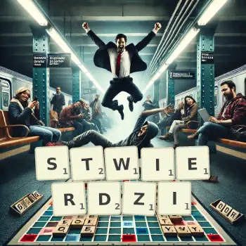 Kreatywna ilustracja do gry w Scrabble ze słowem STWIERDZI ułożonym z płytek na planszy.