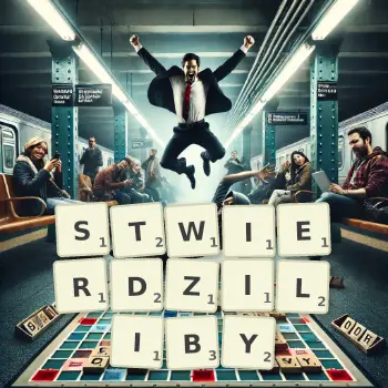 Kreatywna ilustracja do gry w Scrabble ze słowem STWIERDZILIBY ułożonym z płytek na planszy.