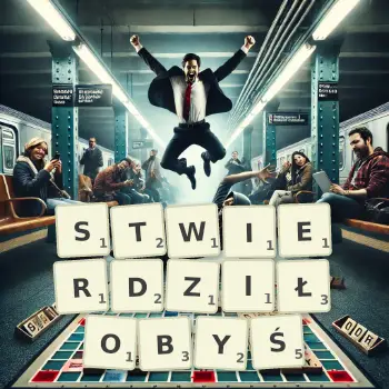 Kreatywna ilustracja do gry w Scrabble ze słowem STWIERDZIŁOBYŚ ułożonym z płytek na planszy.