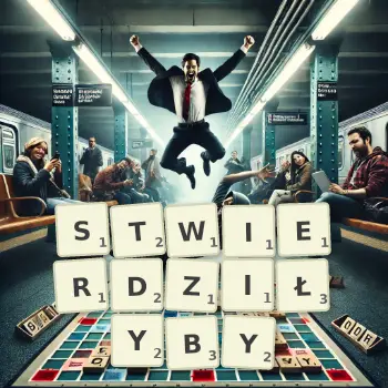 Kreatywna ilustracja do gry w Scrabble ze słowem STWIERDZIŁYBY ułożonym z płytek na planszy.