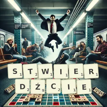 Kreatywna ilustracja do gry w Scrabble ze słowem STWIERDŹCIE ułożonym z płytek na planszy.