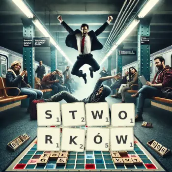 Kreatywna ilustracja do gry w Scrabble ze słowem STWORKÓW ułożonym z płytek na planszy.