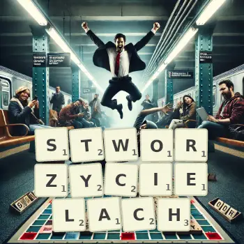 Kreatywna ilustracja do gry w Scrabble ze słowem STWORZYCIELACH ułożonym z płytek na planszy.