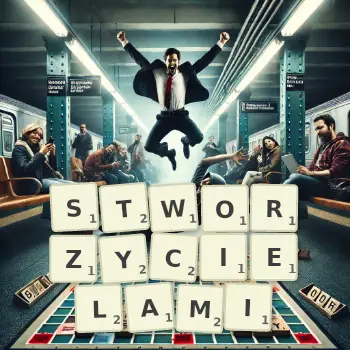 Kreatywna ilustracja do gry w Scrabble ze słowem STWORZYCIELAMI ułożonym z płytek na planszy.