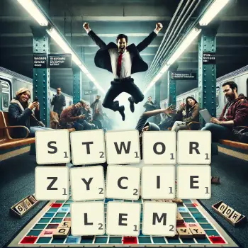 Kreatywna ilustracja do gry w Scrabble ze słowem STWORZYCIELEM ułożonym z płytek na planszy.