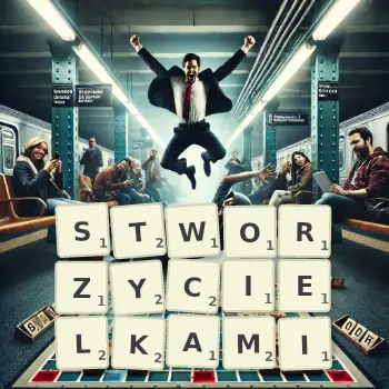 Kreatywna ilustracja do gry w Scrabble ze słowem STWORZYCIELKAMI ułożonym z płytek na planszy.