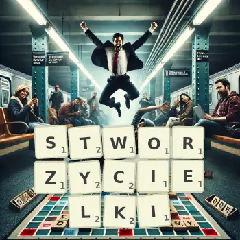 Kreatywna ilustracja do gry w Scrabble ze słowem STWORZYCIELKI ułożonym z płytek na planszy.