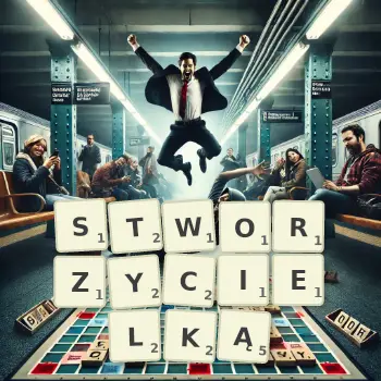 Kreatywna ilustracja do gry w Scrabble ze słowem STWORZYCIELKĄ ułożonym z płytek na planszy.