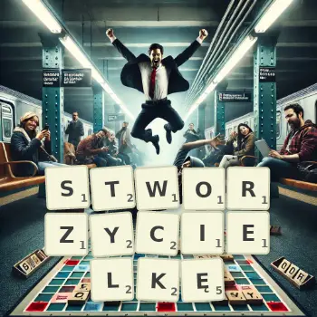 Kreatywna ilustracja do gry w Scrabble ze słowem STWORZYCIELKĘ ułożonym z płytek na planszy.