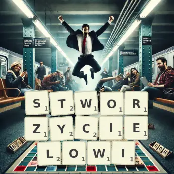 Kreatywna ilustracja do gry w Scrabble ze słowem STWORZYCIELOWI ułożonym z płytek na planszy.