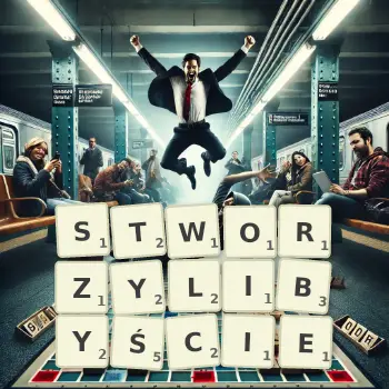 Kreatywna ilustracja do gry w Scrabble ze słowem STWORZYLIBYŚCIE ułożonym z płytek na planszy.