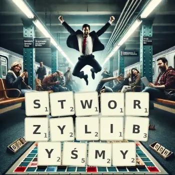 Kreatywna ilustracja do gry w Scrabble ze słowem STWORZYLIBYŚMY ułożonym z płytek na planszy.