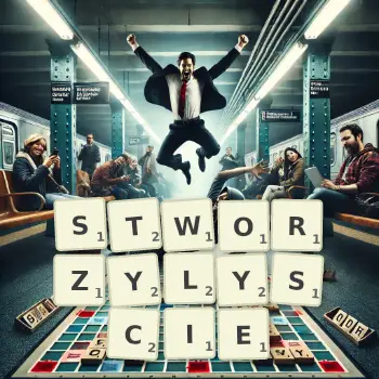 Kreatywna ilustracja do gry w Scrabble ze słowem STWORZYLYSCIE ułożonym z płytek na planszy.