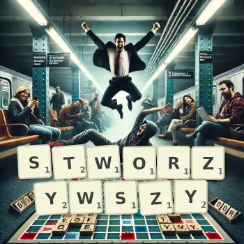 Kreatywna ilustracja do gry w Scrabble ze słowem STWORZYWSZY ułożonym z płytek na planszy.