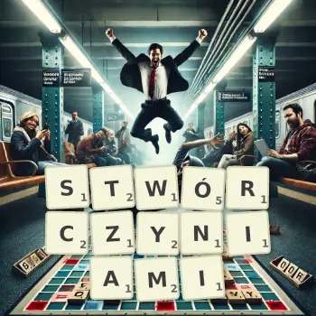 Kreatywna ilustracja do gry w Scrabble ze słowem STWÓRCZYNIAMI ułożonym z płytek na planszy.