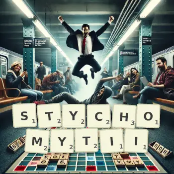 Kreatywna ilustracja do gry w Scrabble ze słowem STYCHOMYTII ułożonym z płytek na planszy.