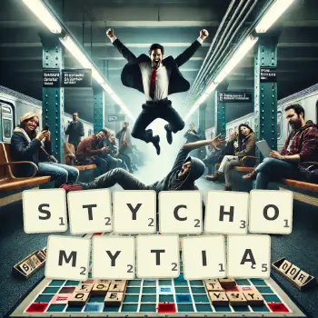 Kreatywna ilustracja do gry w Scrabble ze słowem STYCHOMYTIĄ ułożonym z płytek na planszy.