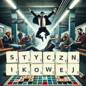 Kreatywna ilustracja do gry w Scrabble ze słowem STYCZNIKOWEJ ułożonym z płytek na planszy.
