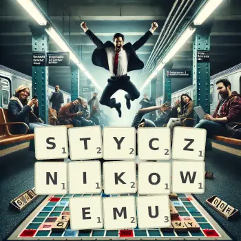 Kreatywna ilustracja do gry w Scrabble ze słowem STYCZNIKOWEMU ułożonym z płytek na planszy.