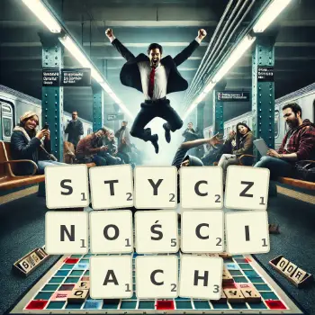 Kreatywna ilustracja do gry w Scrabble ze słowem STYCZNOŚCIACH ułożonym z płytek na planszy.