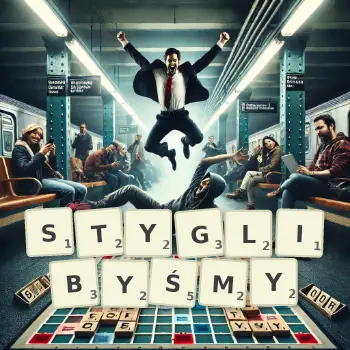 Kreatywna ilustracja do gry w Scrabble ze słowem STYGLIBYŚMY ułożonym z płytek na planszy.