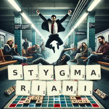 Kreatywna ilustracja do gry w Scrabble ze słowem STYGMARIAMI ułożonym z płytek na planszy.