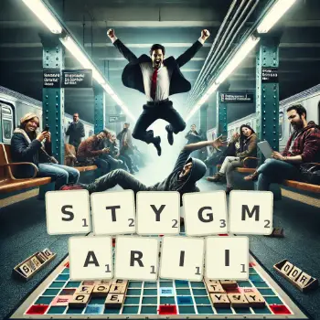 Kreatywna ilustracja do gry w Scrabble ze słowem STYGMARII ułożonym z płytek na planszy.