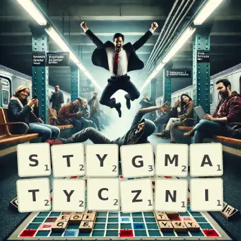 Kreatywna ilustracja do gry w Scrabble ze słowem STYGMATYCZNI ułożonym z płytek na planszy.