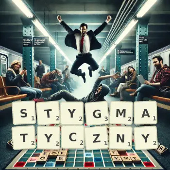 Kreatywna ilustracja do gry w Scrabble ze słowem STYGMATYCZNY ułożonym z płytek na planszy.