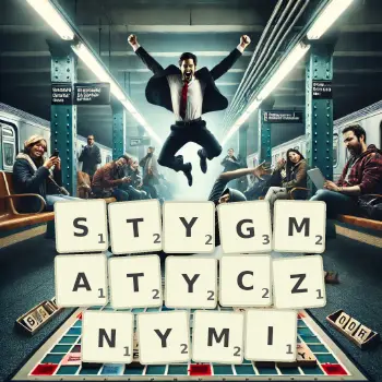 Kreatywna ilustracja do gry w Scrabble ze słowem STYGMATYCZNYMI ułożonym z płytek na planszy.