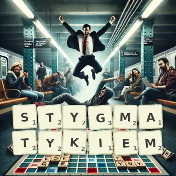Kreatywna ilustracja do gry w Scrabble ze słowem STYGMATYKIEM ułożonym z płytek na planszy.