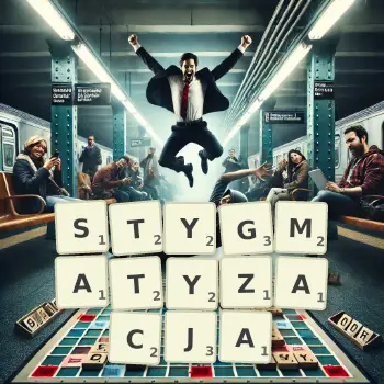Kreatywna ilustracja do gry w Scrabble ze słowem STYGMATYZACJA ułożonym z płytek na planszy.