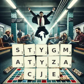 Kreatywna ilustracja do gry w Scrabble ze słowem STYGMATYZACJE ułożonym z płytek na planszy.