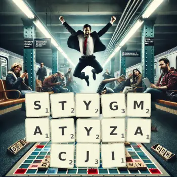 Kreatywna ilustracja do gry w Scrabble ze słowem STYGMATYZACJI ułożonym z płytek na planszy.
