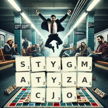 Kreatywna ilustracja do gry w Scrabble ze słowem STYGMATYZACJO ułożonym z płytek na planszy.